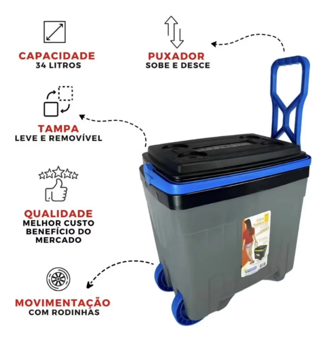 Caixa Térmica Antares 34 Litros com Rodas Cinza e Azul 04